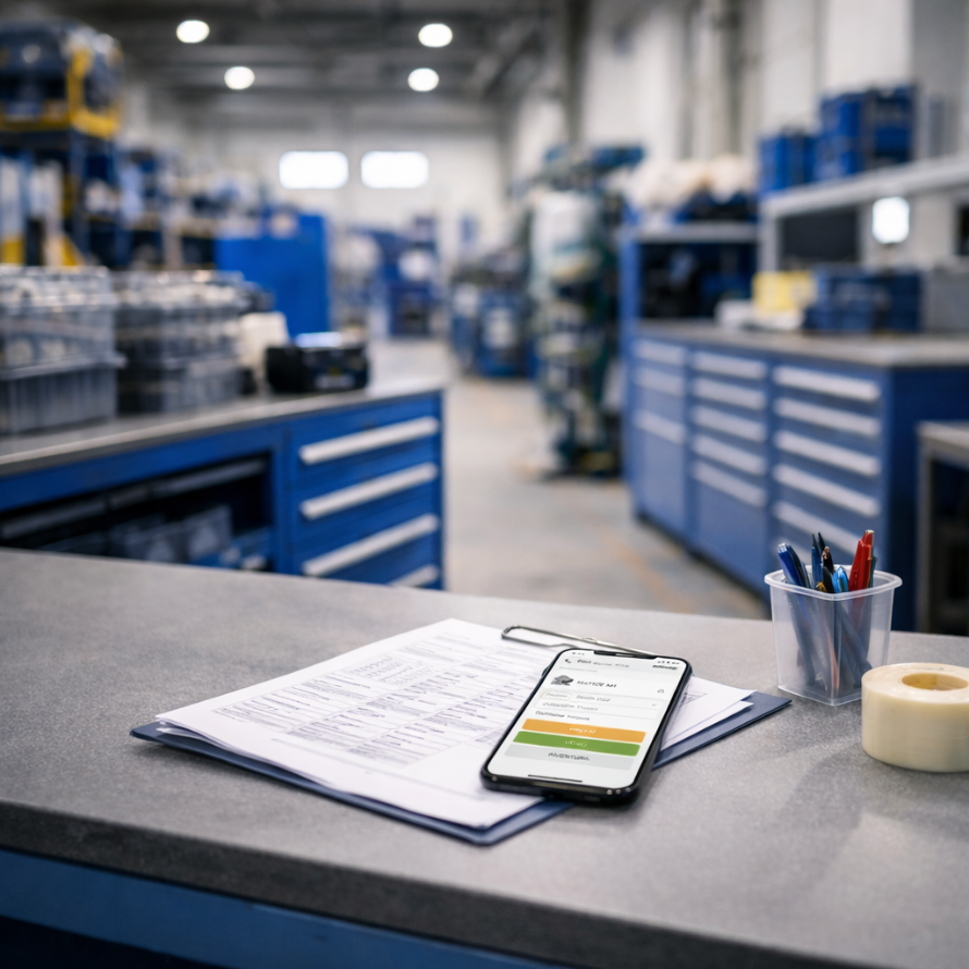průmyslový sklad na stole s mobilem a aplikací SySEL